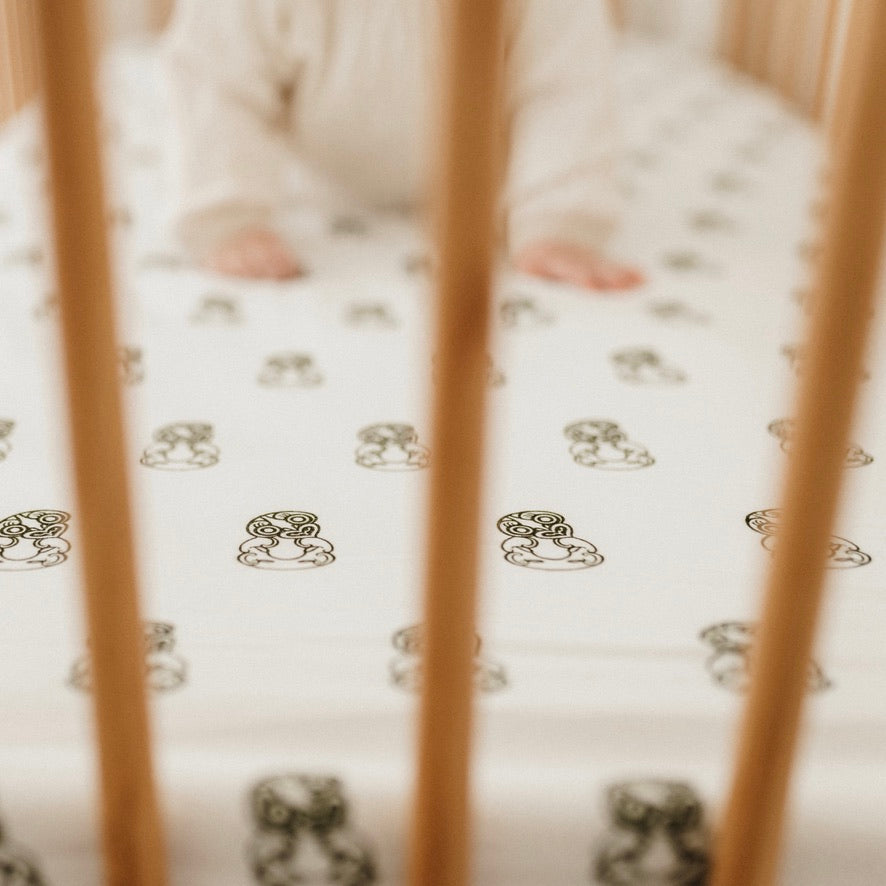 Māori cot sheet, Tiki cot sheet, Māori baby, maori, cultural baby, cot sheet, pepe cot sheet, pēpi cot sheet,Tiki, Tiki baby, green tiki