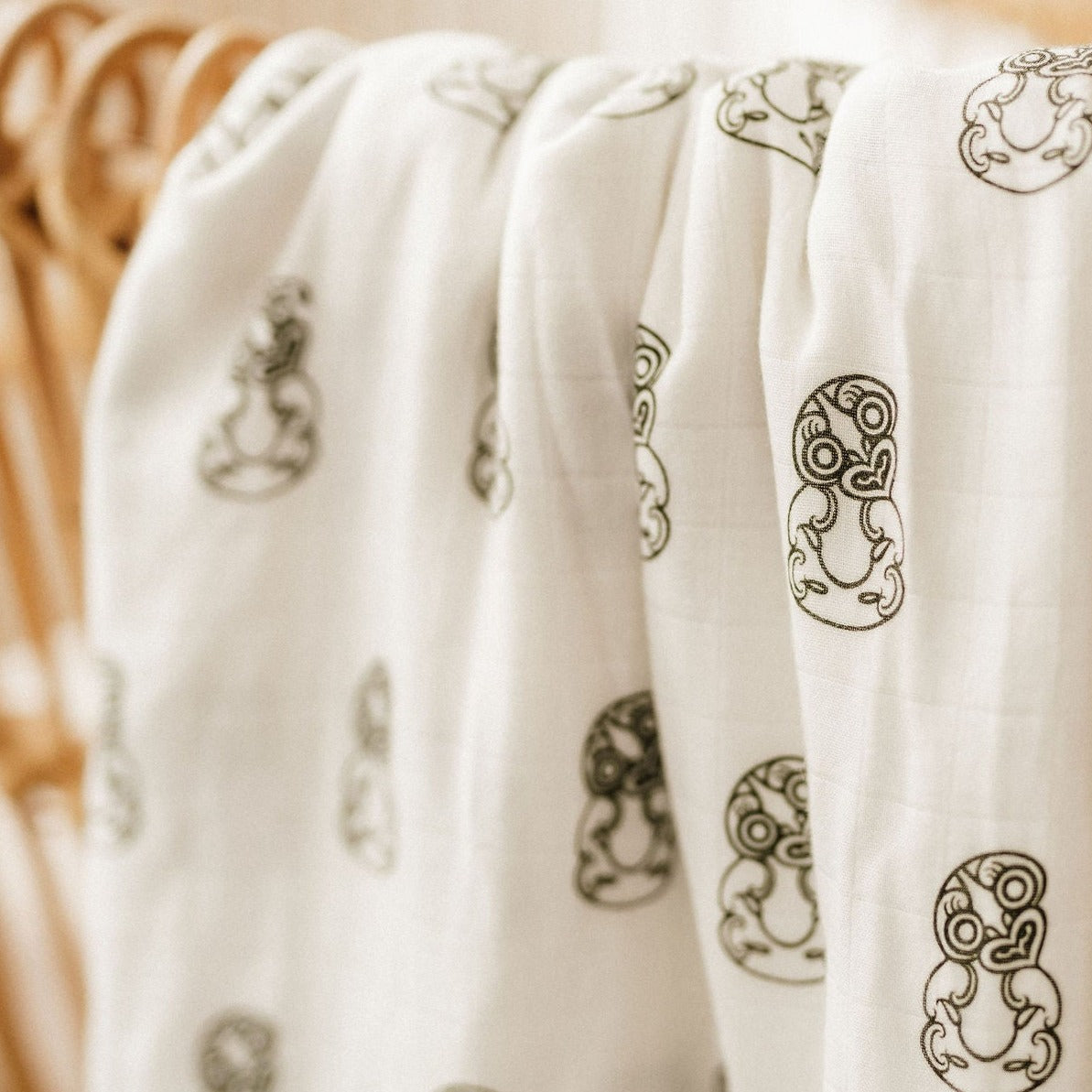 Māori baby, maori, cultural baby, baby wrap, pepe wrap, pēpi wrap, swaddle, feeding cover, nursing cover, shade cloth, baby shade cloth, light baby blanket, bamboo and cotton blend, cultural baby, burp cloth, Māori pēpi wrap, Tiki, Tiki baby