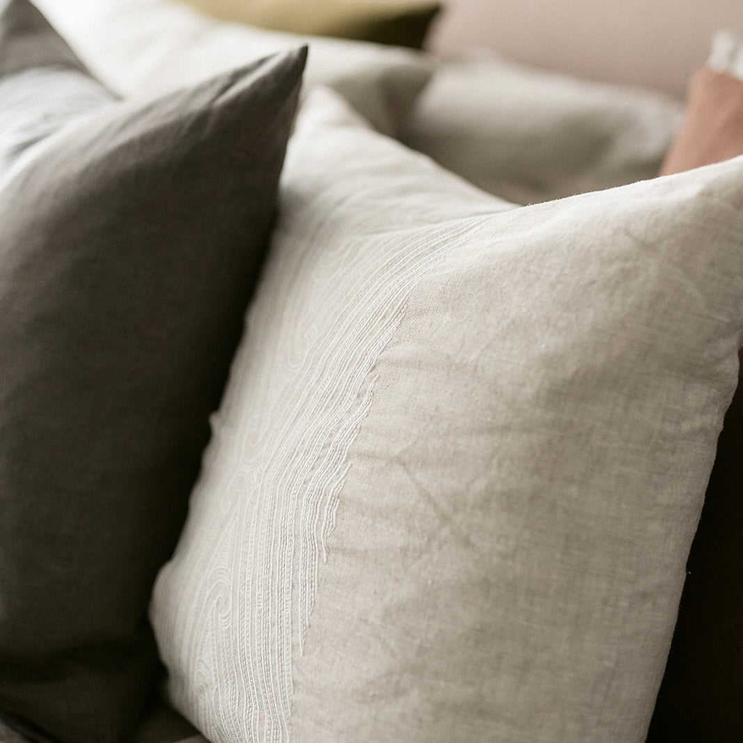 linen cushion, cushion, feather filled, goose feather, duck feather cushion, Māori cushion, Māori decor, home decor, kainga, kãinga, Māori, Maori, home styling, contemporary decor, indigenous decor, flax linen cushion, European flax linen cushion, embroidery, embroided cushion