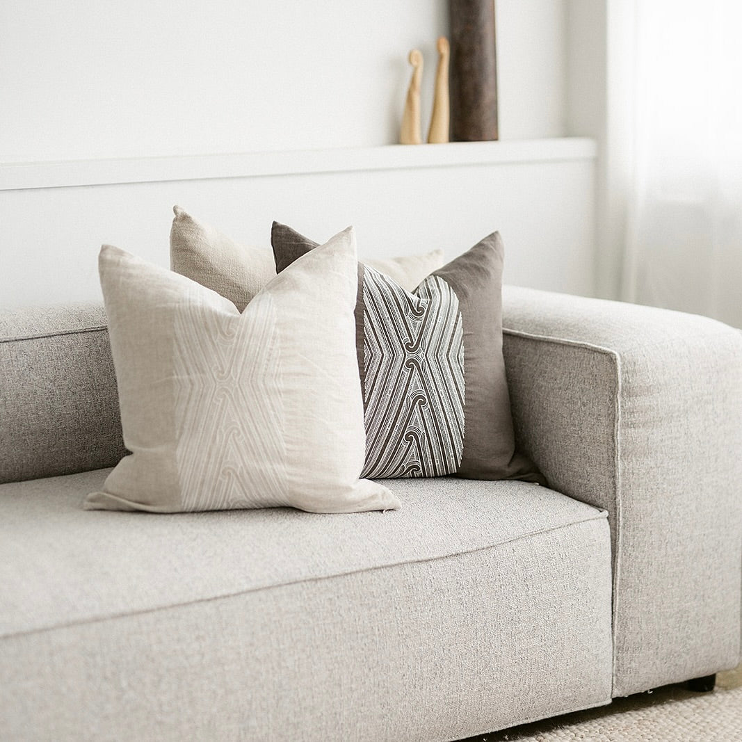 linen cushion, cushion, feather filled, goose feather, duck feather cushion, Māori cushion, Māori decor, home decor, kainga, kãinga, Māori, Maori, home styling, contemporary decor, indigenous decor, flax linen cushion, European flax linen cushion, embroidery, embroided cushion