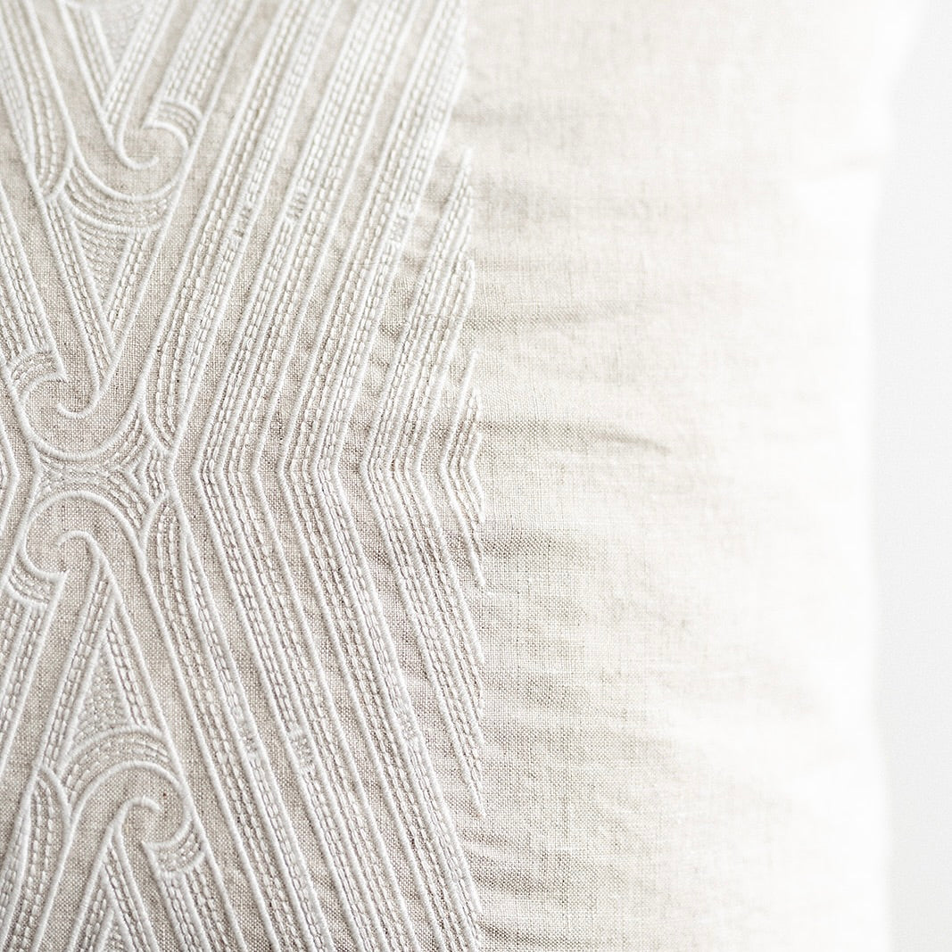 linen cushion, cushion, feather filled, goose feather, duck feather cushion, Māori cushion, Māori decor, home decor, kainga, kãinga, Māori, Maori, home styling, contemporary decor, indigenous decor, flax linen cushion, European flax linen cushion, embroidery, embroided cushion