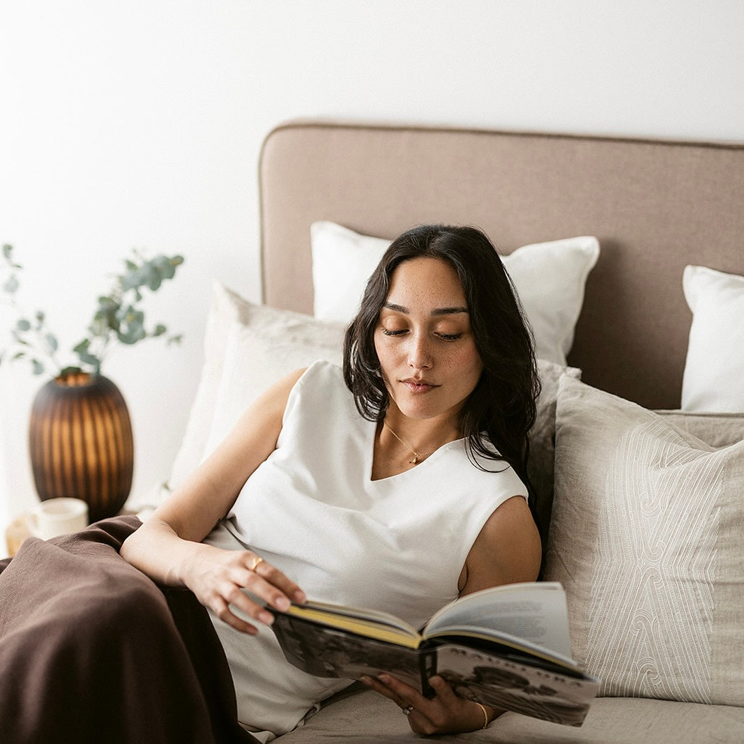 linen cushion, cushion, feather filled, goose feather, duck feather cushion, Māori cushion, Māori decor, home decor, kainga, kãinga, Māori, Maori, home styling, contemporary decor, indigenous decor, flax linen cushion, European flax linen cushion, embroidery, embroided cushion