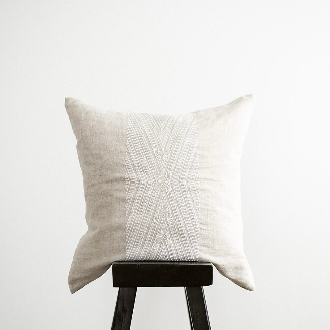 linen cushion, cushion, feather filled, goose feather, duck feather cushion, Māori cushion, Māori decor, home decor, kainga, kãinga, Māori, Maori, home styling, contemporary decor, indigenous decor, flax linen cushion, European flax linen cushion, embroidery, embroided cushion