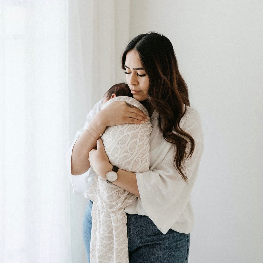Māori baby, maori, cultural baby, baby wrap, pepe wrap, pēpi wrap, swaddle, feeding cover, nursing cover, shade cloth, baby shade cloth, light baby blanket, bamboo and cotton blend, cultural baby, burp cloth, Māori pēpi wrap