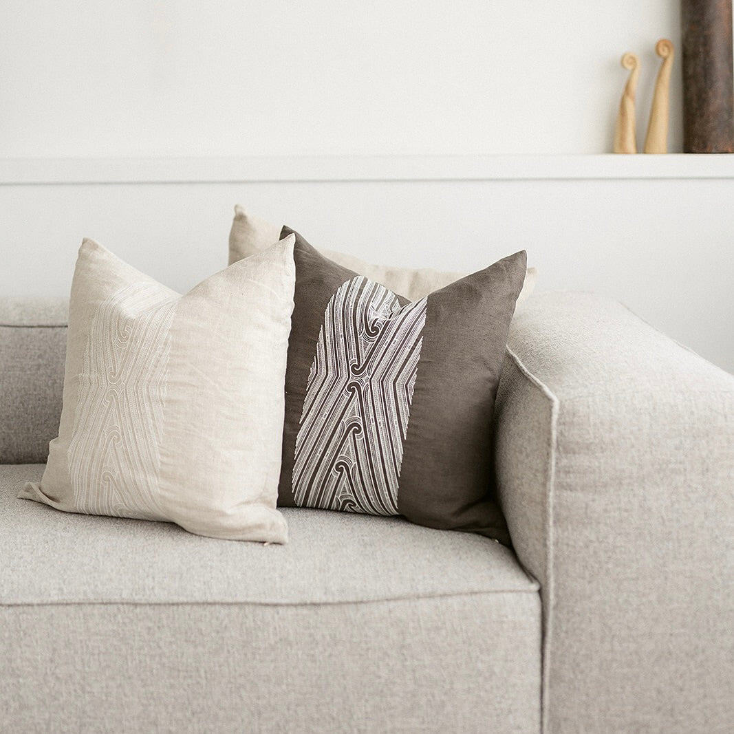 linen cushion, cushion, feather filled, goose feather, duck feather cushion, Māori cushion, Māori decor, home decor, kainga, kãinga, Māori, Maori, home styling, contemporary decor, indigenous decor, flax linen cushion, European flax linen cushion, embroidery, embroided cushion